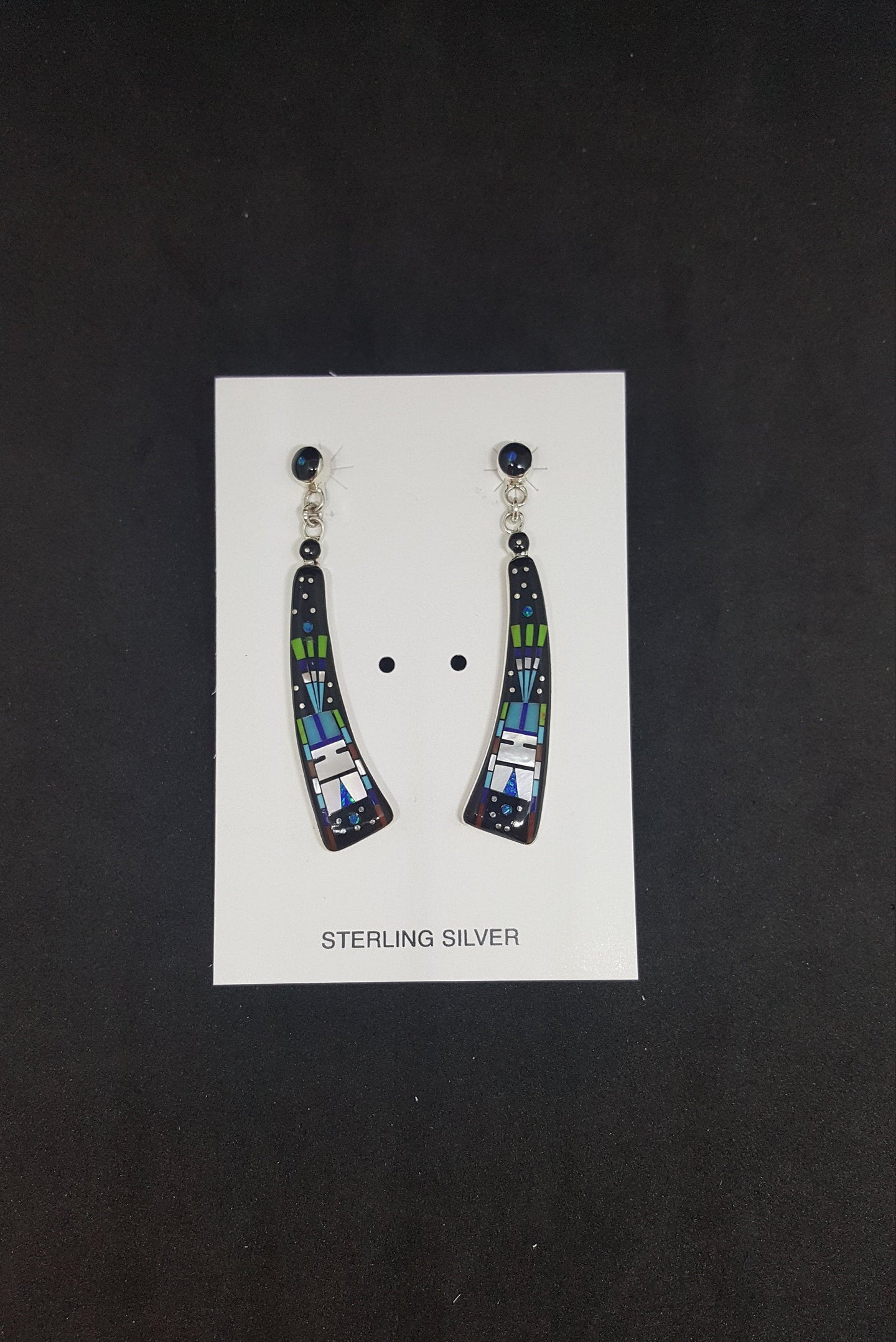 Corn lady Native costume inlay Black Onyx Mother of Pearl Turquoise Blue Fire Opal Spiny Oyster Lapis sterling silver post earrings