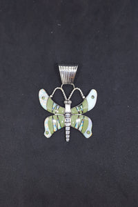 The Native Butterfly inlay White Fire Opal Green Turquoise sterling silver pendant necklace