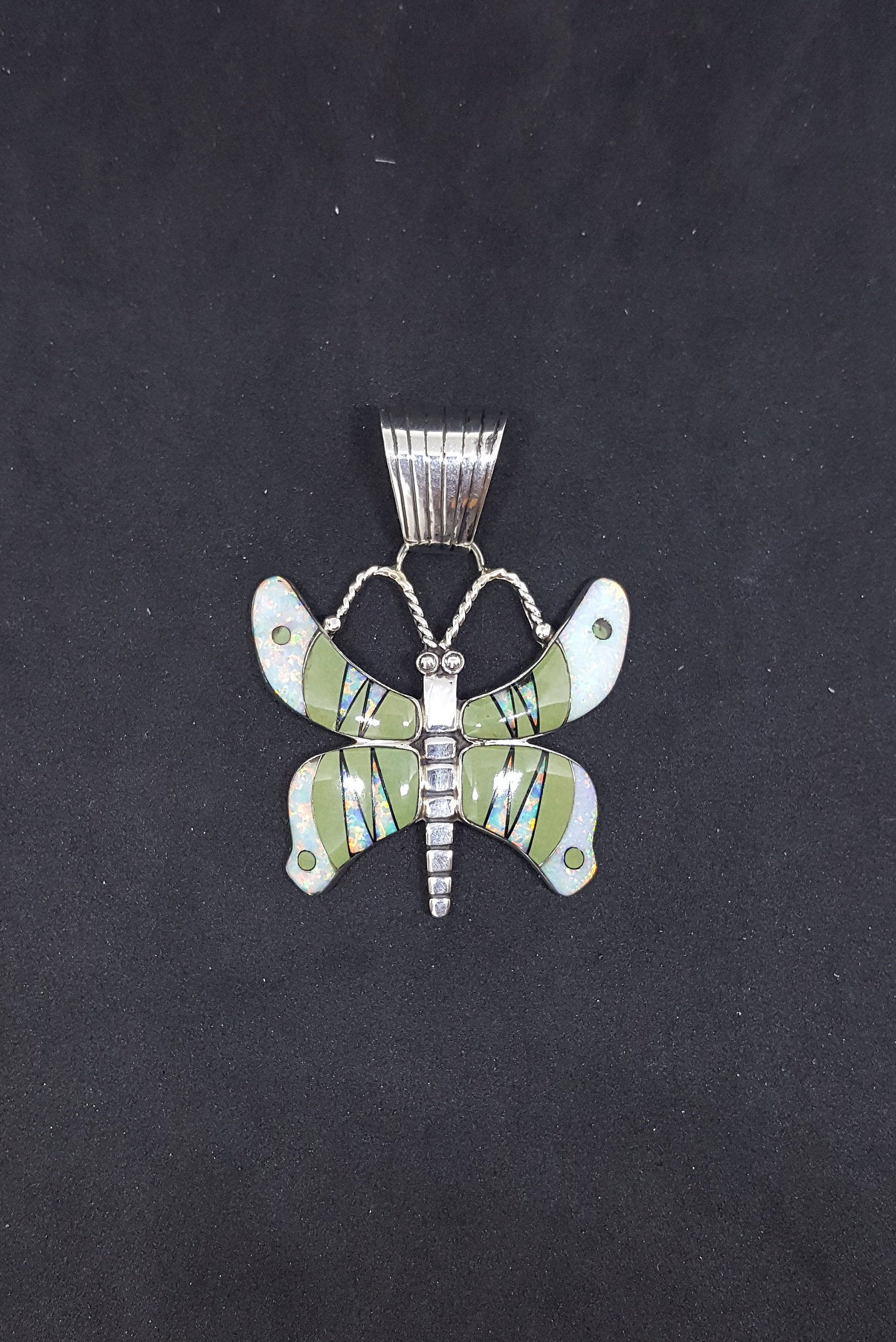 The Native Butterfly inlay White Fire Opal Green Turquoise sterling silver pendant necklace