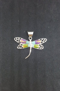 Simple Dragon Fly inlay Turquoise Spiny Oyster Purple Turquoise Green Turquoise sterling silver pendant necklace