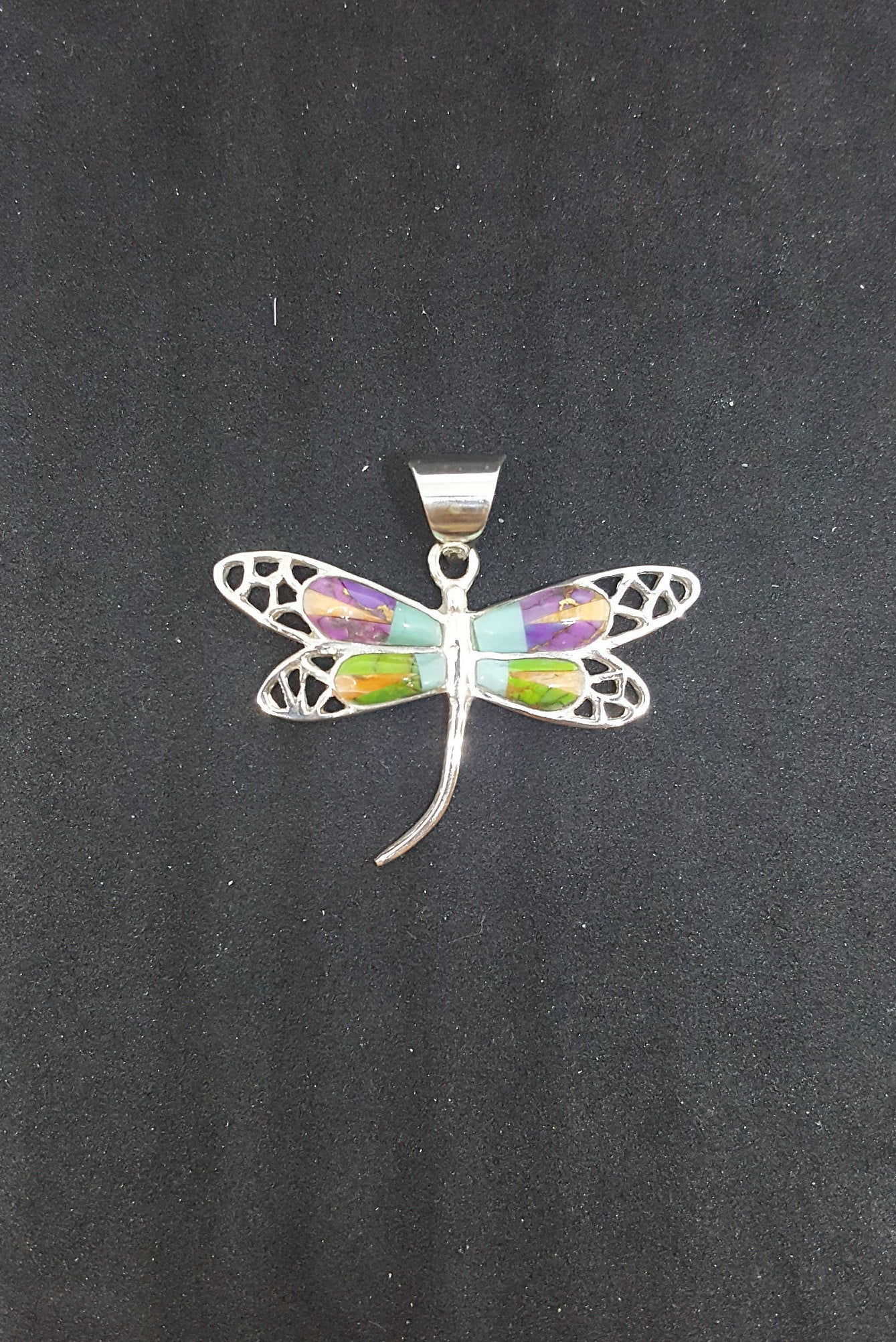 Simple Dragon Fly inlay Turquoise Spiny Oyster Purple Turquoise Green Turquoise sterling silver pendant necklace