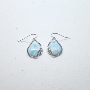 Blue Larimar Wavy pattern teardrop shape sterling silver dangle earrings