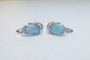 Oval Blue Larimar with CZ sterling silver hoop earrings