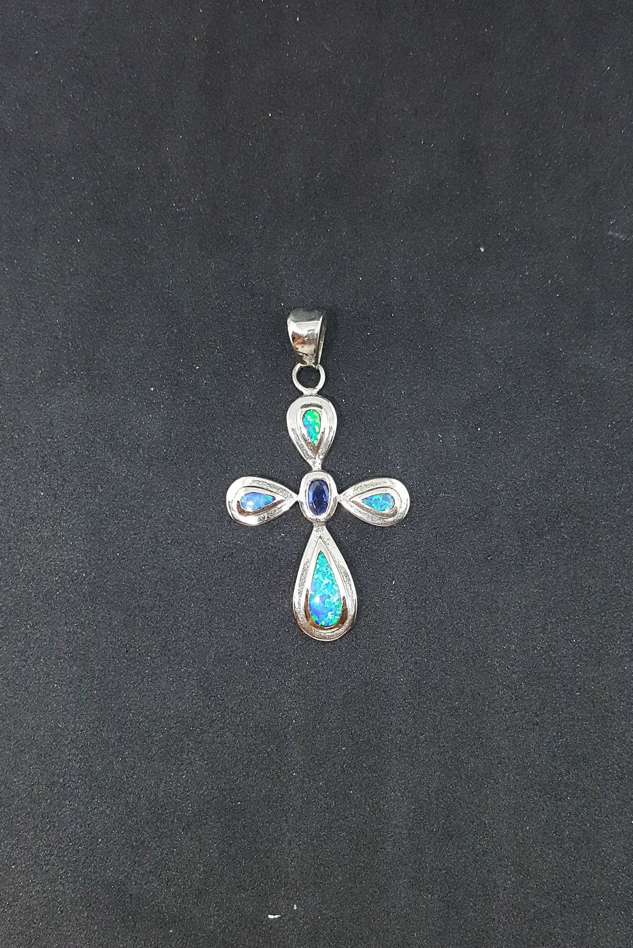 Little Cross Opal Sapphire sterling silver pendant necklace