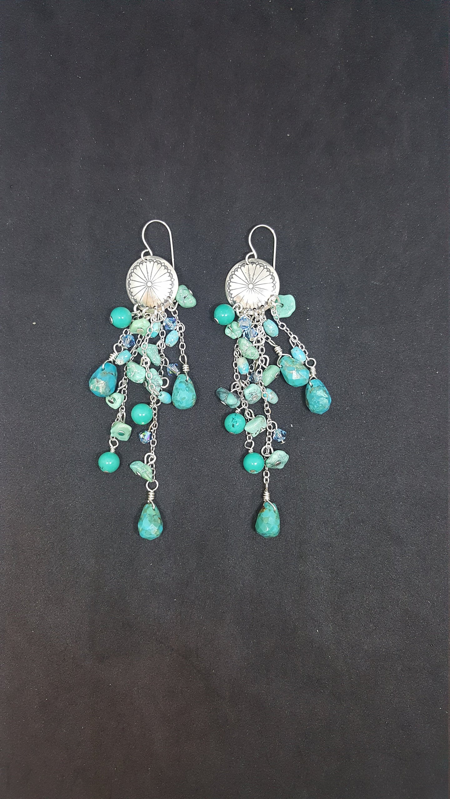 Dream Catcher Kingman Turquoise Sapphire sterling silver dangle earrings