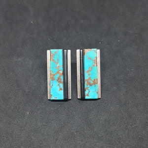 Vintage Kingman Turquoise Black Onyx rectangle sterling silver post earrings