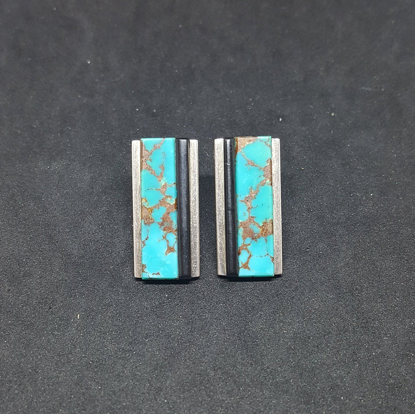 Vintage Kingman Turquoise Black Onyx rectangle sterling silver post earrings