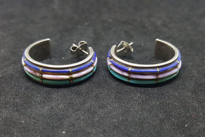 Vintage Hoop Turquoise Purple Shell Lapis sterling silver post earrings