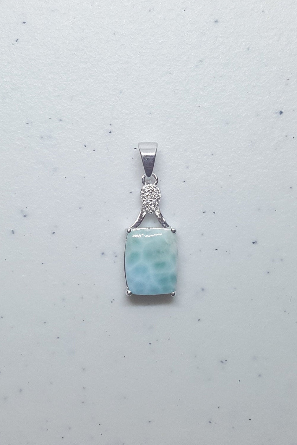 Rectangle Blue Larimar with heart CZ sterling silver pendant necklace