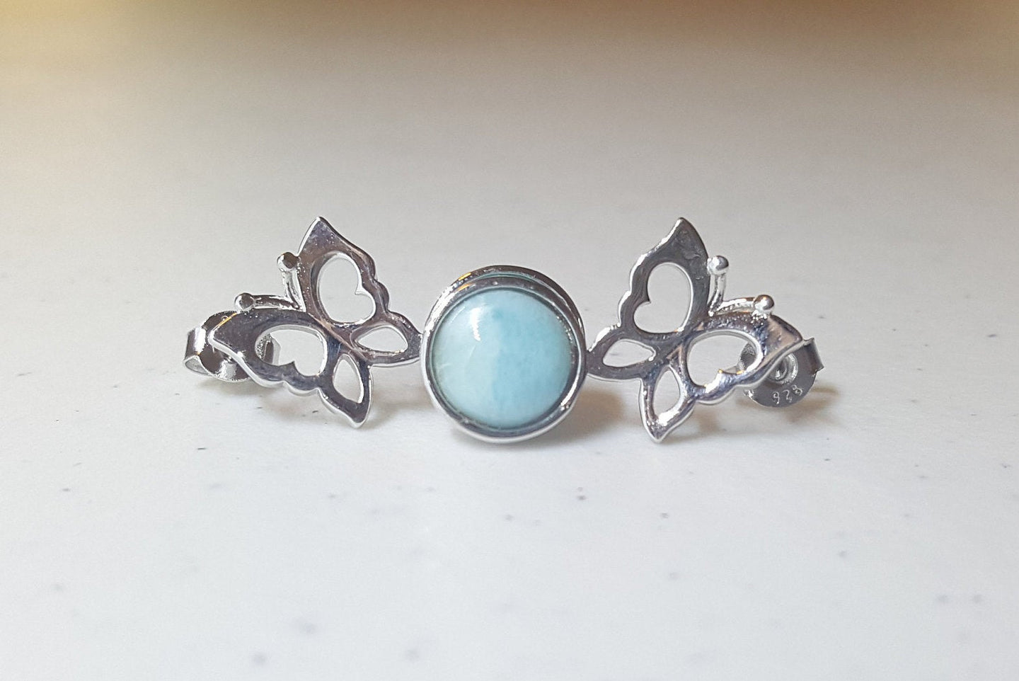 Butterfly on the Moon Blue Larimar round shape sterling silver post earrings