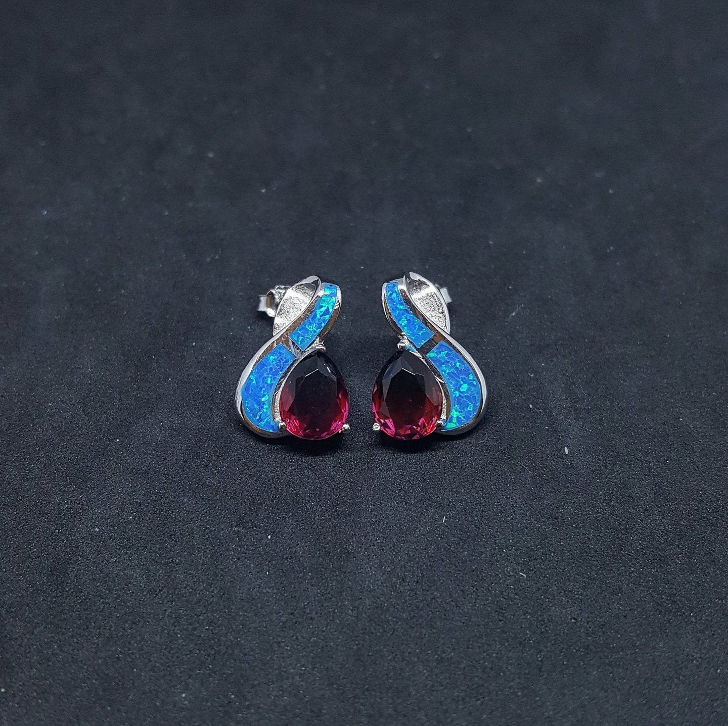 Wavy Blue Fire Opal Tourmaline teardrop shape sterling silver post earrings