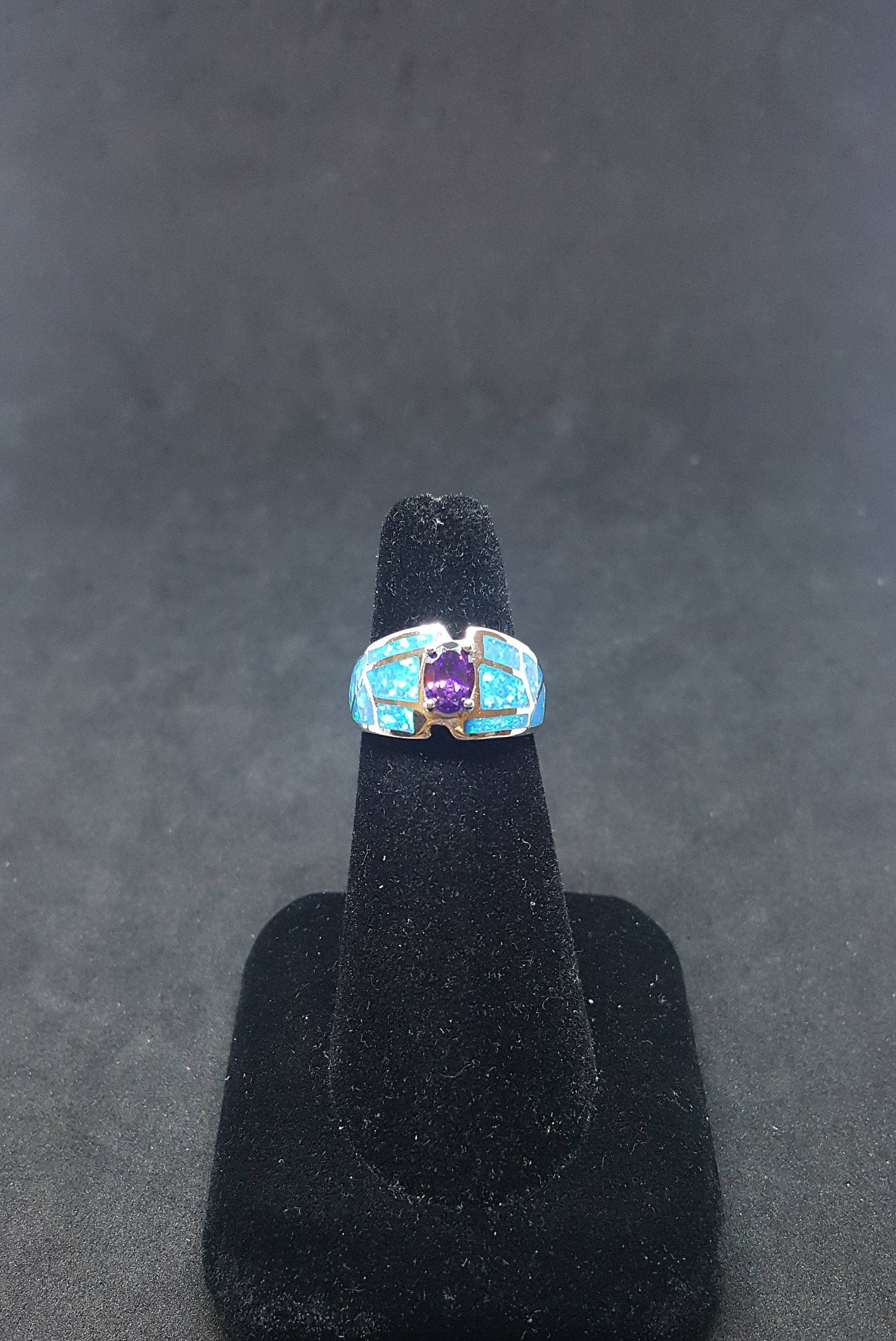 Size 6 1/2 - Blue Fire Opal  Amethyst Oval shape sterling silver ring