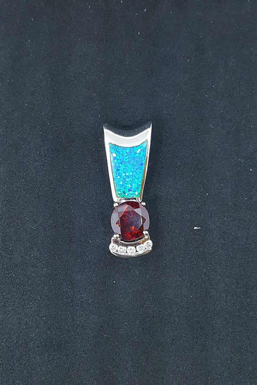 Blue Fire Opal CZ Garnet long thin oval shape sterling silver pendant necklace