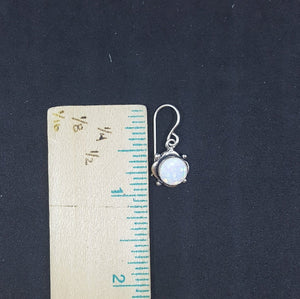8 mm round White Fire Opal dots on diamond shape sterling silver dangle earrings