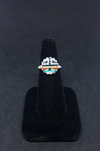 Navajo Zuni Sunface Inlay Mother of Pearl Turquoise Black Onyx Spiny Oyster White Fire Opal sterling silver ring size 8 - Vintage