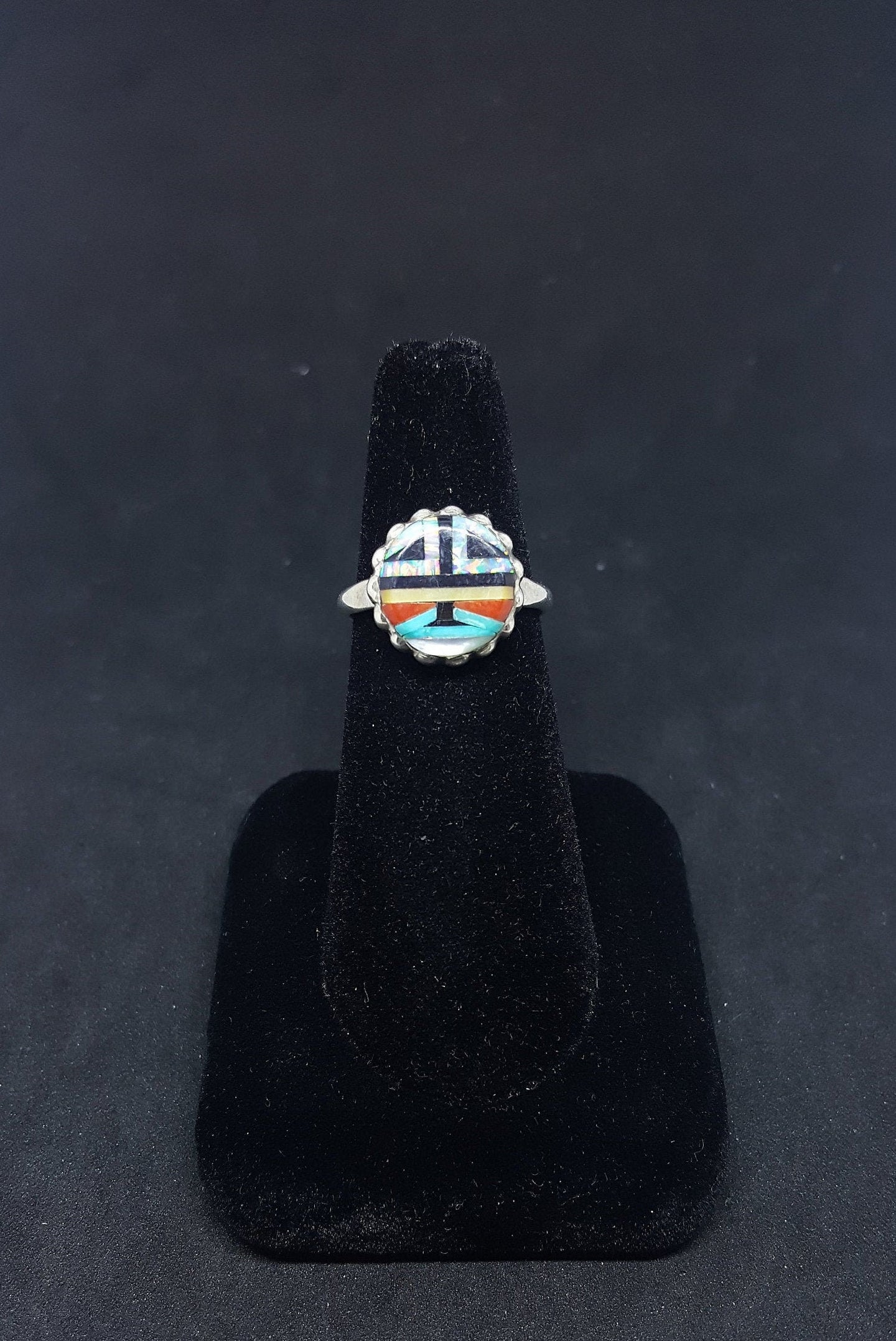 Navajo Zuni Sunface Inlay Mother of Pearl Turquoise Black Onyx Spiny Oyster White Fire Opal sterling silver ring size 8 - Vintage