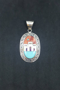 Navajo city with the Sun multi-gemstones ancient pattern large oval shape sterling silver pendant - Vintage