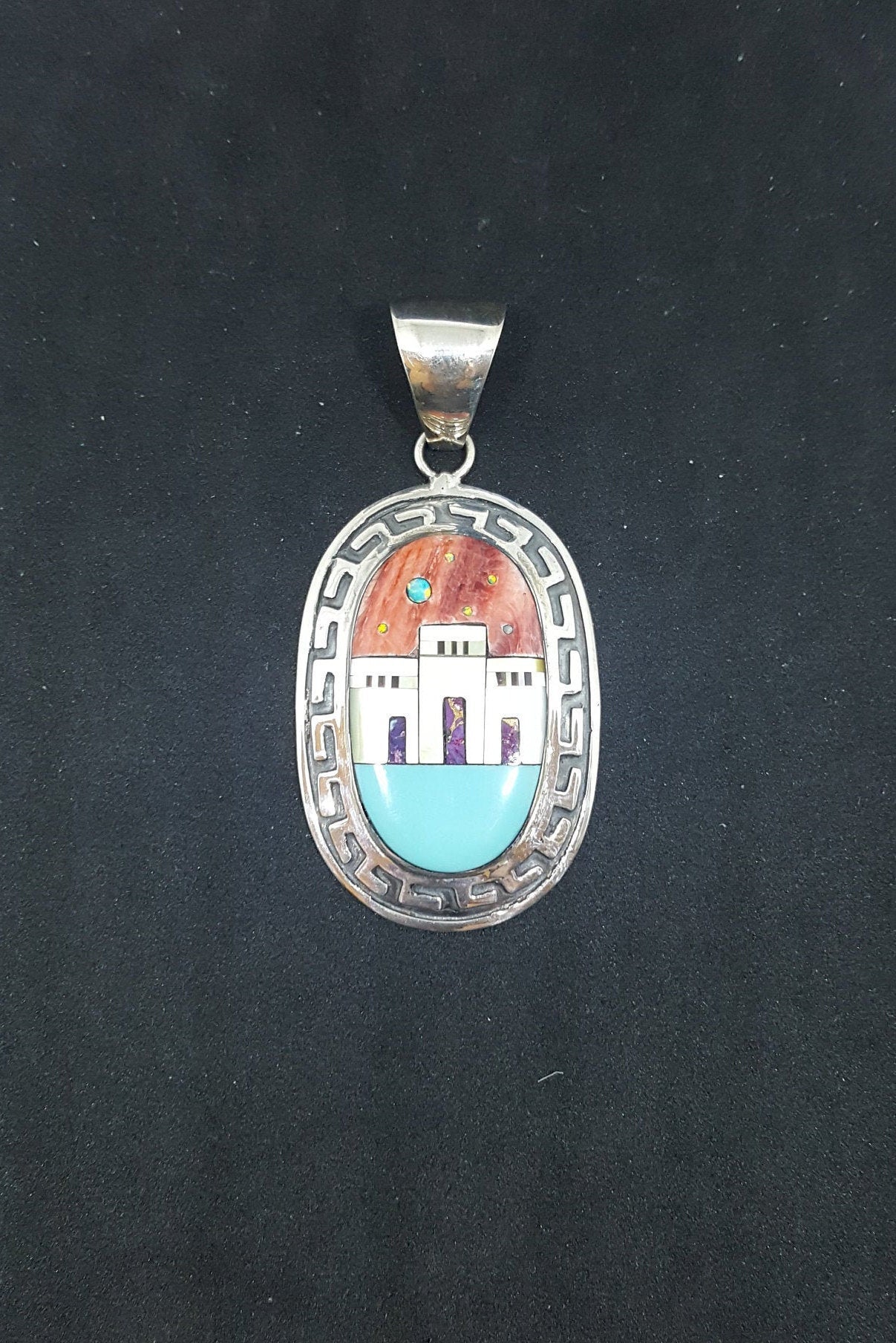 Navajo city with the Sun multi-gemstones ancient pattern large oval shape sterling silver pendant - Vintage