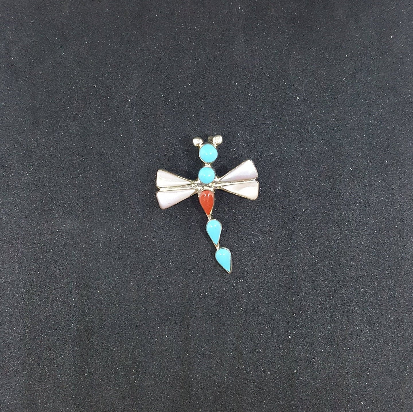 Southwest Dragonfly Sleeping Beauty Turquoise Coral Mother of Pearl sterling silver pendant/pin - Signed MY