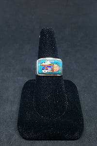 Size 11 1/4 - Native Zuni Sunface bear head micro- inlay multi-stones rectangle shape sterling silver ring