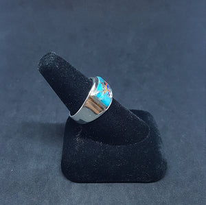 Size 11 1/4 - Native Zuni Sunface bear head micro- inlay multi-stones rectangle shape sterling silver ring