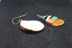 Southwest Inlay Kingman Turquoise Black Onyx Mother of Pearl Spiny Oyster oval shape shell sterling silver dangle earrings