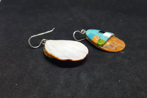 Southwest the Wall Inlay Kingman Turquoise Black Onyx Mother of Pearl Spiny Oyster oval shape shell sterling silver dangle earrings