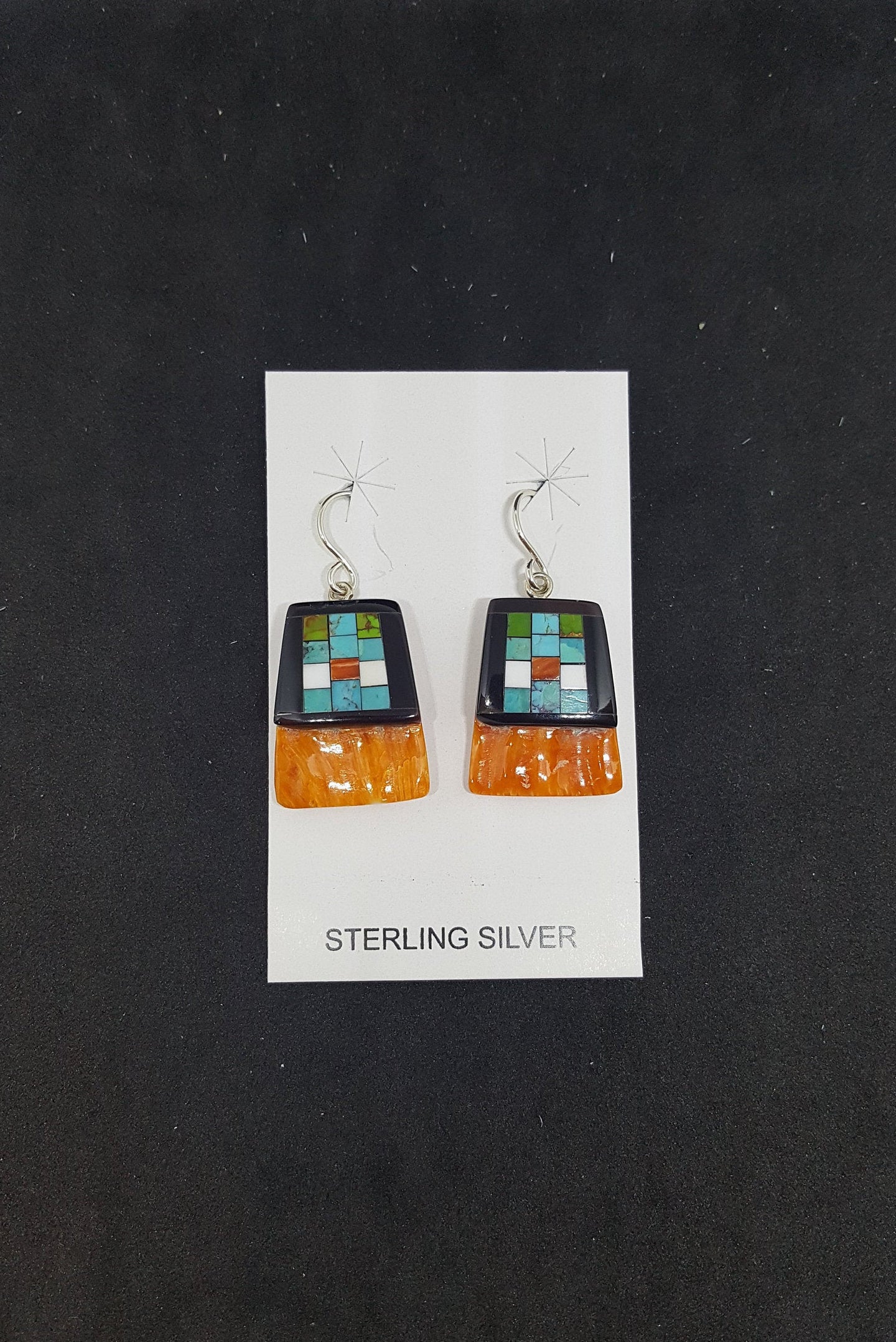 Southwest Inlay Turquoise Black Onyx Spiny Oyster rectangle shell sterling silver dangle earrings