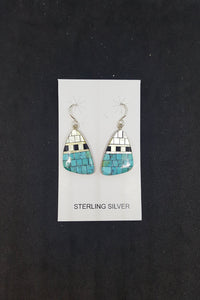 Southwest Bricks Kingman Turquoise Mother of Pearl Black Onyx triangle shell sterling silver dangle earrings