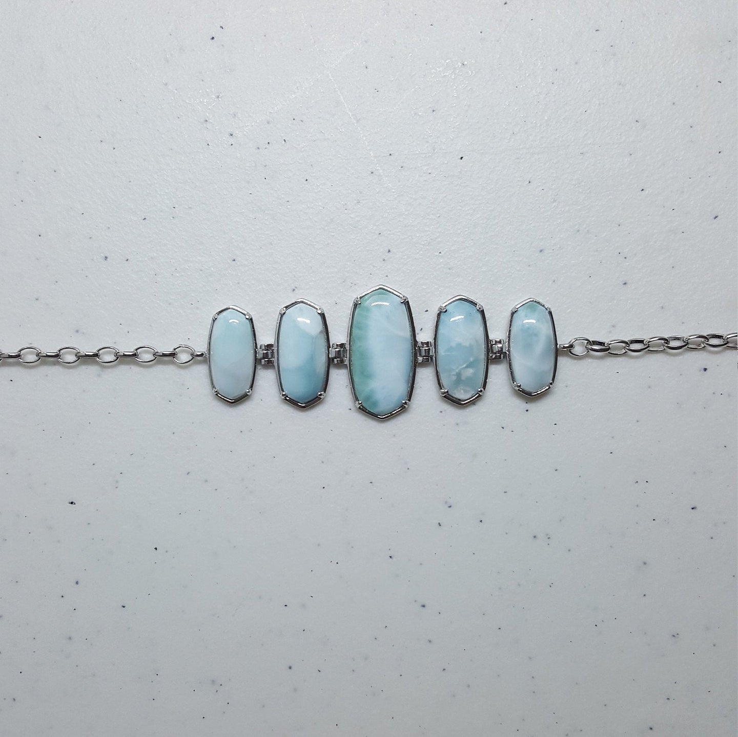 5 Stones Natural Larimar rectangle shape sterling silver chain bracelet