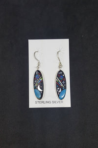 Southwest Galaxy scene Star Cosmic Moon Saturn inlay multi-stone Oval shape sterling silver dangle earrings