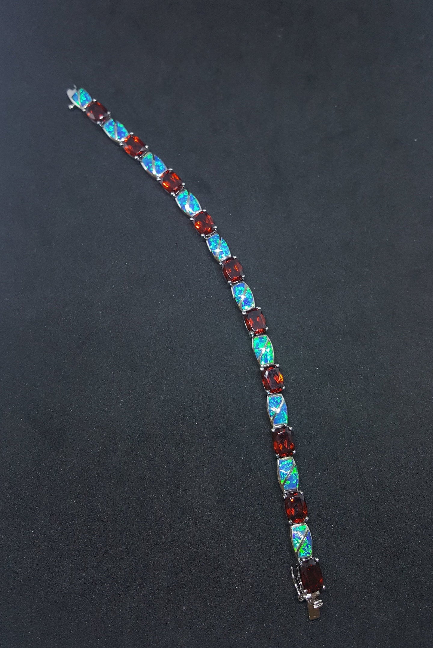 Rectangle Garnet with Rectangle Blue Fire Opal sterling silver link bracelet