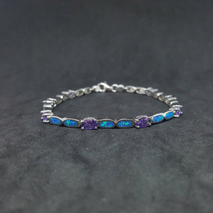 Oval Amethyst with Oval Blue Fire Opal sterling silver link bracelet