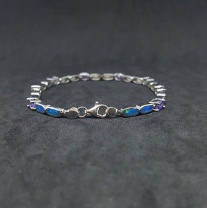 Oval Amethyst with Oval Blue Fire Opal sterling silver link bracelet