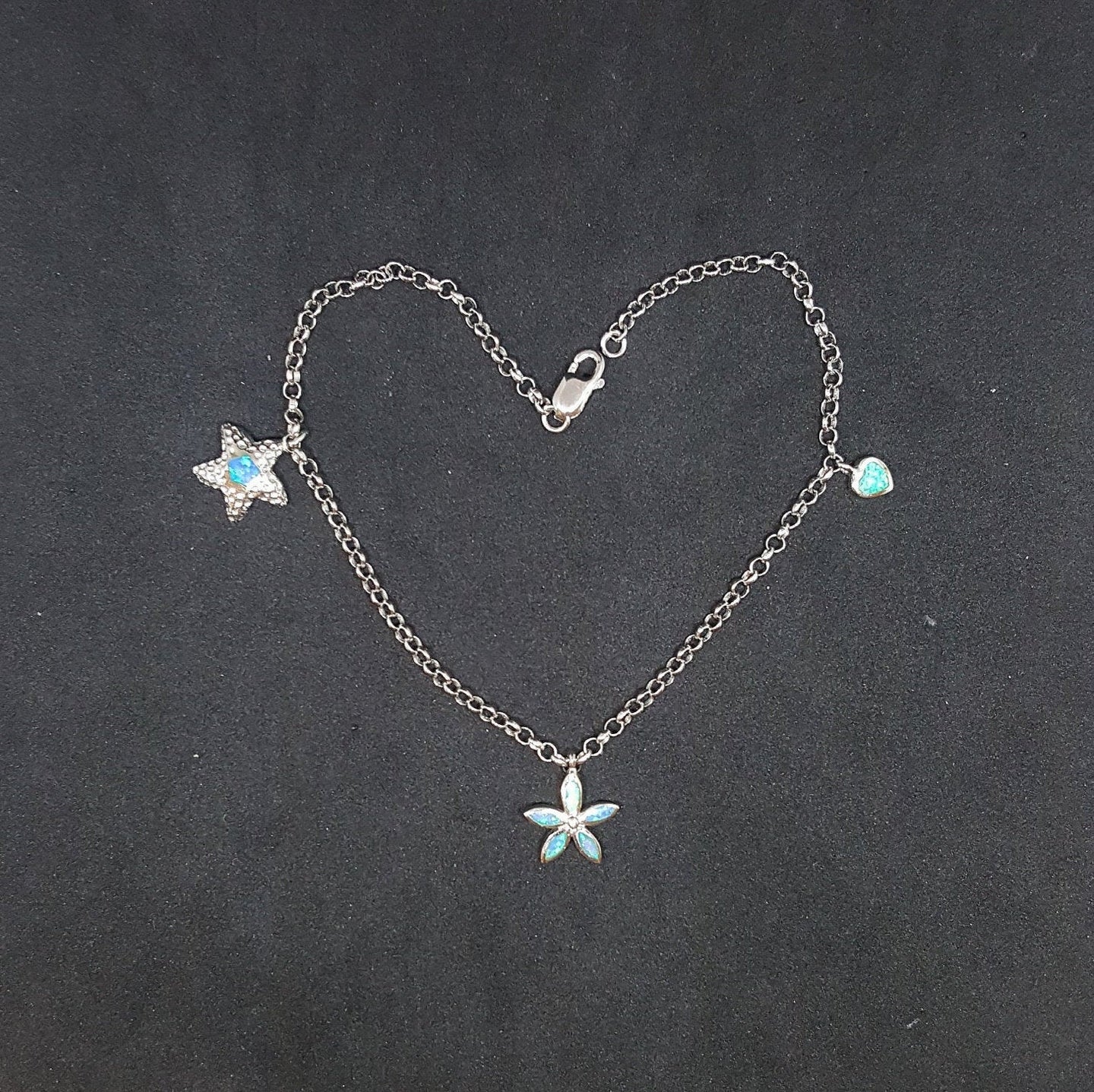 Star Blue Fire Opal and heart Blue Fire Opal sterling silver Chain bracelet