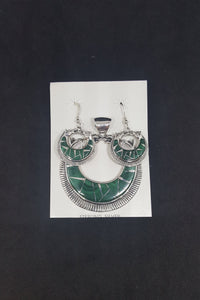 Set The Crescent Malachite sterling silver dangle earrings and pendant