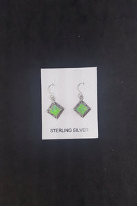 6 mm Green Fire Opal diamond shape sterling silver dangle earrings