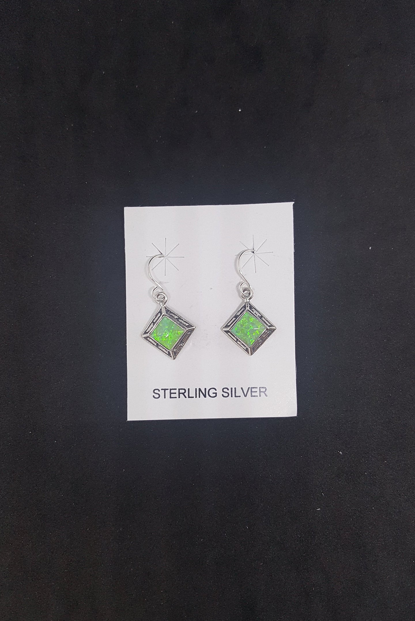 6 mm Green Fire Opal diamond shape sterling silver dangle earrings