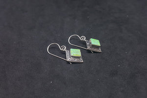 6 mm Green Fire Opal diamond shape sterling silver dangle earrings