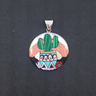 Southwest inlay Sundown giant cactus teepee red flower Multi-stones round shape sterling silver pendant necklace