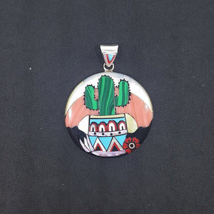 Southwest inlay Sundown giant cactus teepee red flower Multi-stones round shape sterling silver pendant necklace
