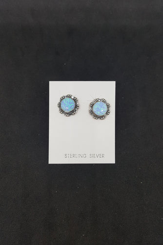 7 mm round light Blue Fire Opal flower shape sterling silver post earrings