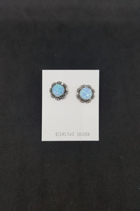 7 mm round light Blue Fire Opal flower shape sterling silver post earrings