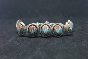 The Three Feathers Inlay Turquoise White Fire Opal Spiny Oyster 15 mm x 10 mm inches oval sterling silver chain bracelet - Vintage