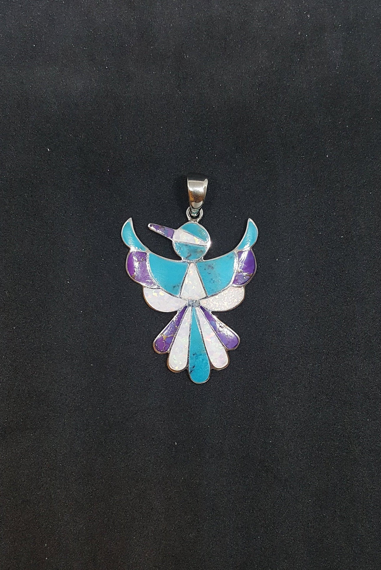 Southwestern Flying Zuni Bird Inlay Turquoise Opal sterling silver pendant necklace