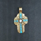 The Christian Cross with flowers Turquoise CZ sterling silver with 14k gold fill SIGNED Gabby pendant necklace