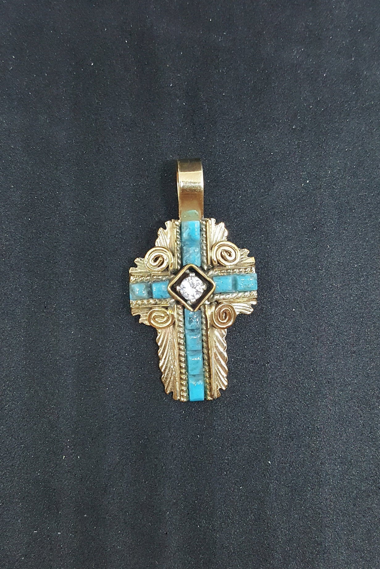 The Christian Cross with flowers Turquoise CZ sterling silver with 14k gold fill SIGNED Gabby pendant necklace