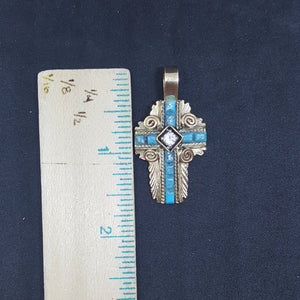 The Christian Cross with flowers Turquoise CZ sterling silver with 14k gold fill SIGNED Gabby pendant necklace