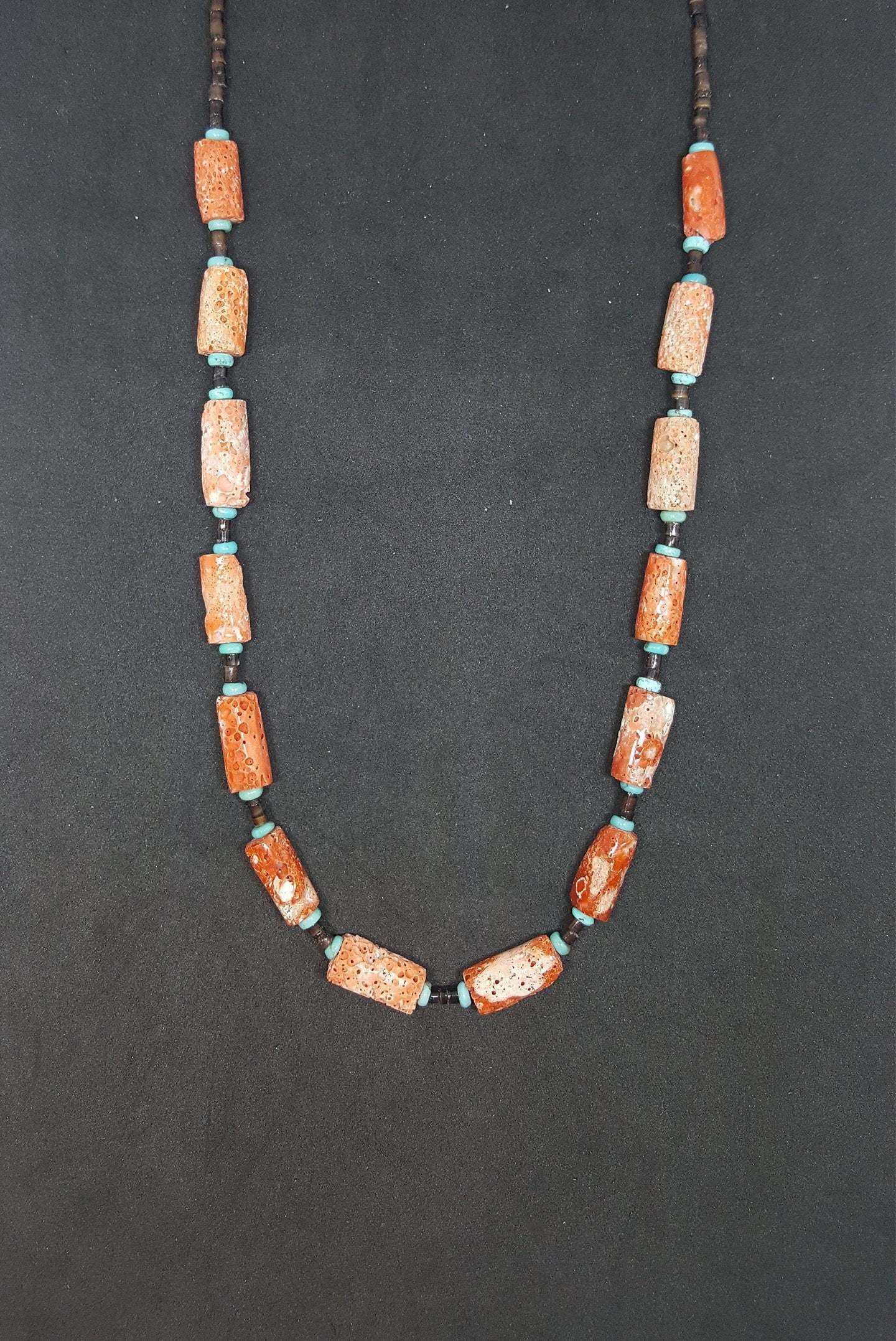 22 inches 14 mm x 8 mm Coral Turquoise Heishi shell sterling silver beaded necklace