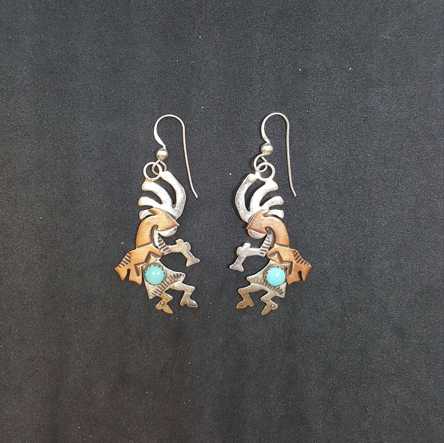 Kokopelli Sleeping Beauty Turquoise sterling silver dangle earrings